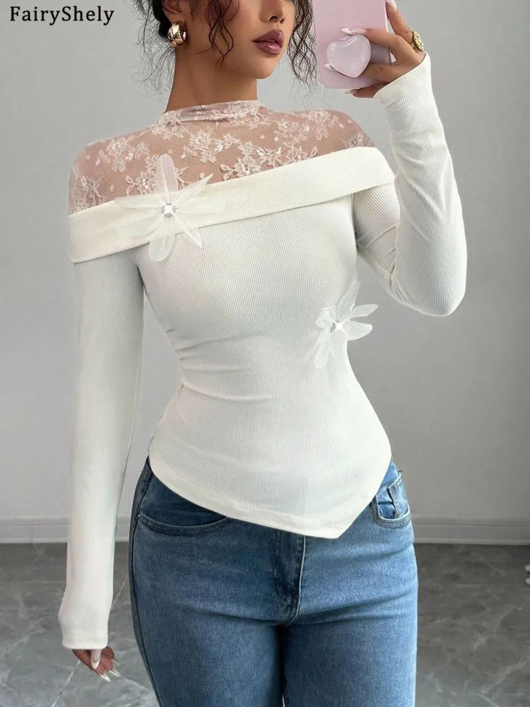 Mesh Patchwork Bodycon Top With Long Sleeve White Sleek Sexy Slim Fit