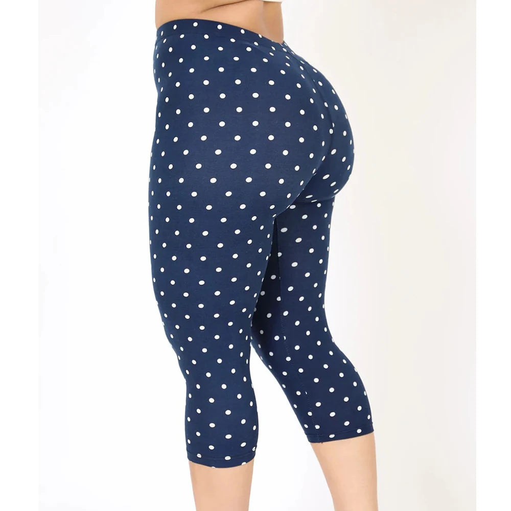 Retro Dot Print Capri Pants With Elastic Waist Cropped Stretch Fit