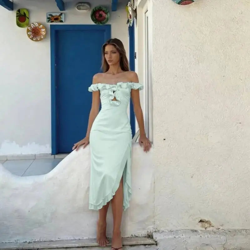 Off Shoulder Ruffle Midi Dress With Front Cutout High Waist Side Split