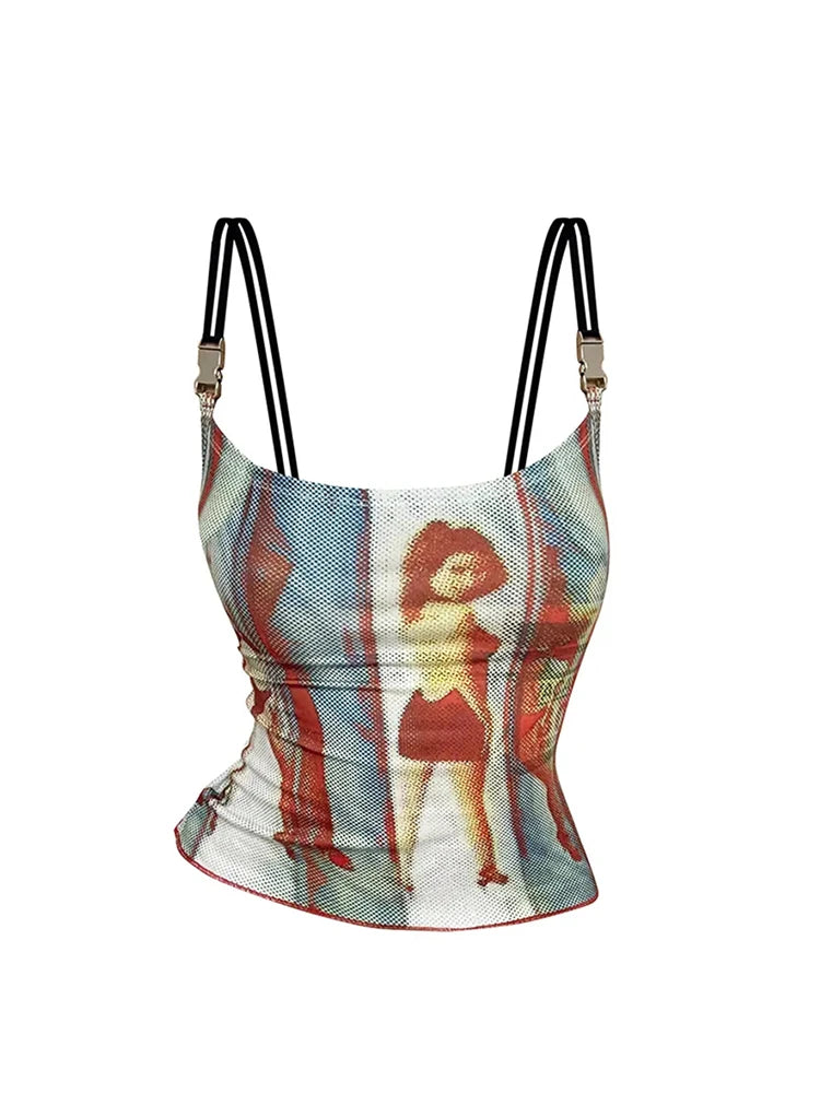 Flirty Vintage Graphic Spaghetti Strap Cami Top With Off Shoulder Flair