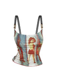 Flirty Vintage Graphic Spaghetti Strap Cami Top With Off Shoulder Flair