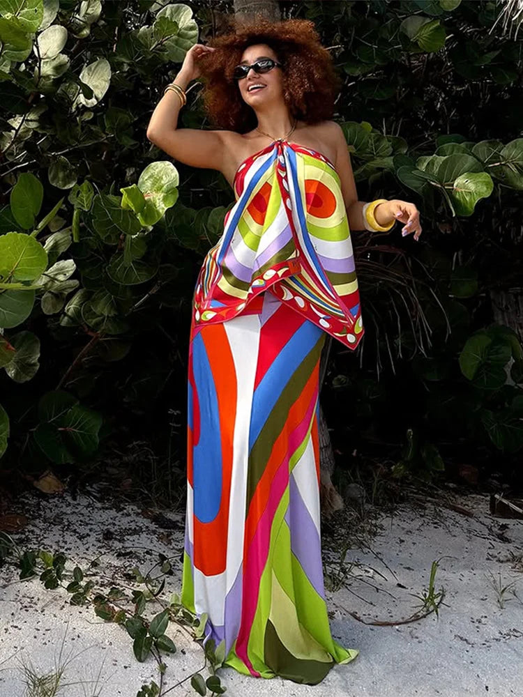Halter Top And Long Skirt Set With Backless Detail Asymmetric Design