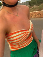 Off Shoulder Knit Tube Top With Stripe Backless Bustier Cropped