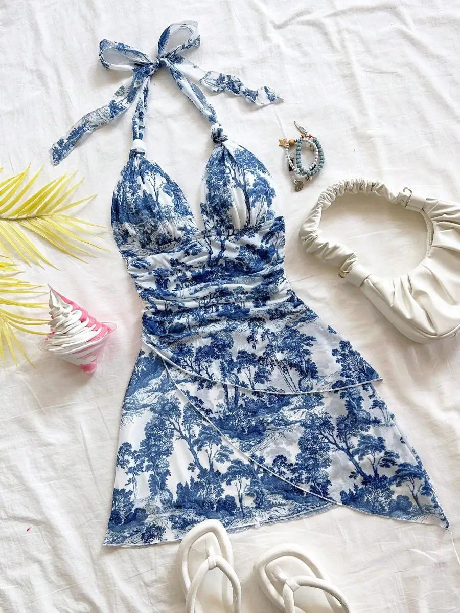 Leopard Halter Neck Mini Dress With Tie Up Front And Ruffle Hem