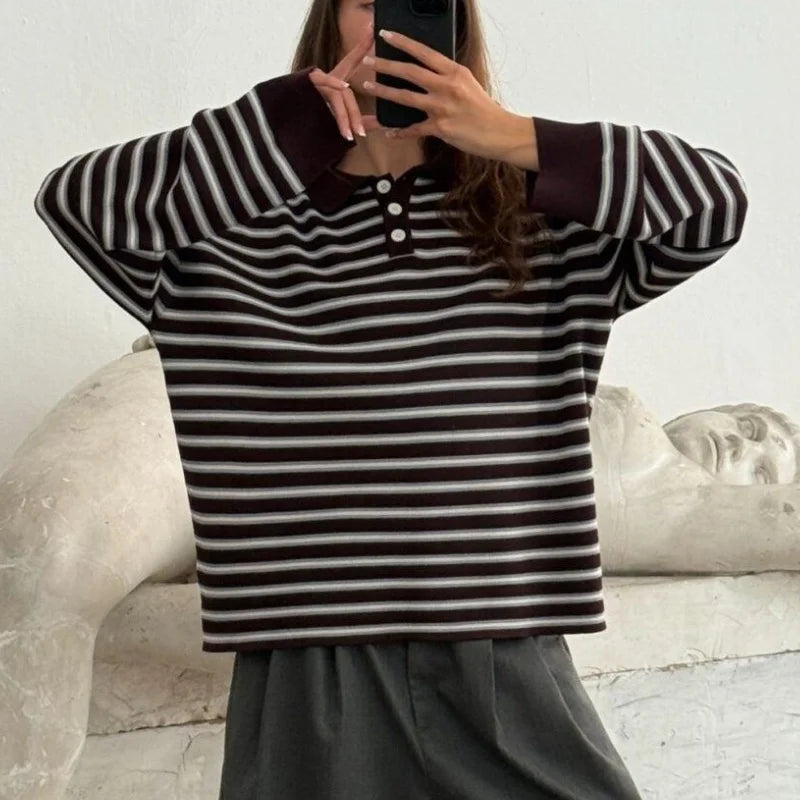 Vintage Rib Knitted Striped Collared Sweater Loose Long Sleeve Pullover Knit Top