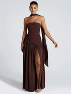 Elegant Off-Shoulder Evening Gown With Patchwork Pleats And Scarf Neck High Split Long Dress