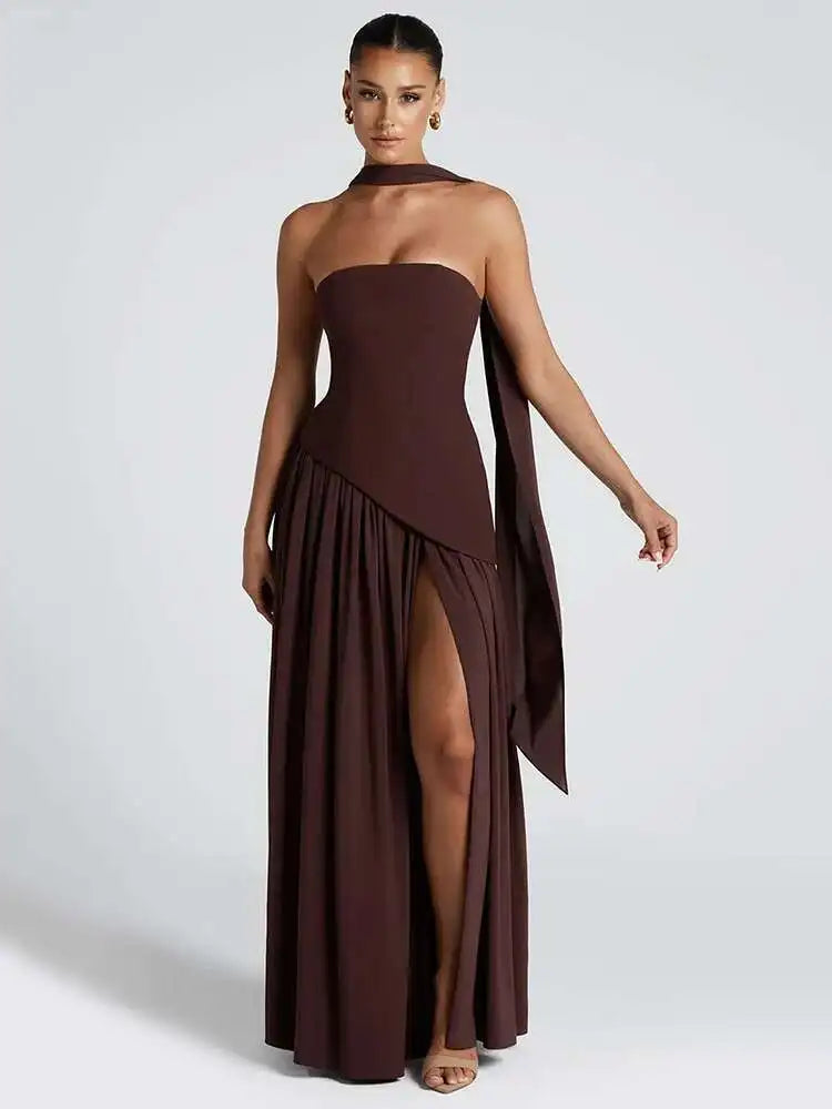 Elegant Off-Shoulder Evening Gown With Patchwork Pleats And Scarf Neck High Split Long Dress