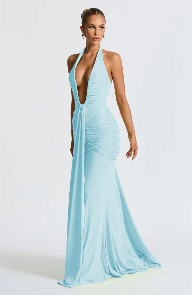 Deep V-Neck Backless Ruched Maxi Dress Halter Gown
