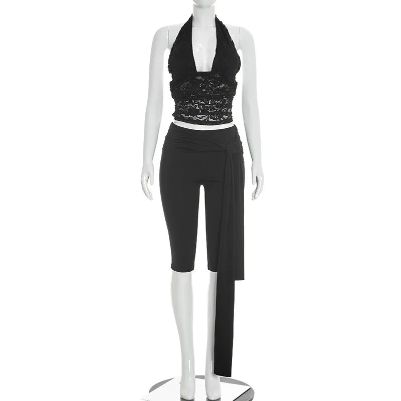 Halter Crop Top two piece Set With Patchwork Pants