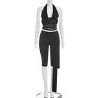Halter Crop Top two piece Set With Patchwork Pants