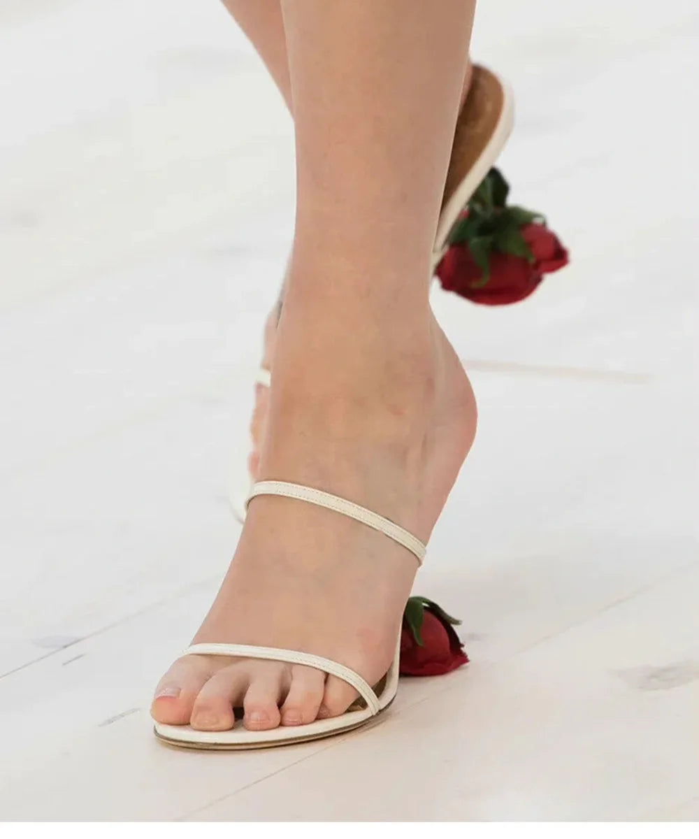 Open Toe Strappy Sandals With Rose Stem Heel Multicolor Leather Straps And Floral Accent