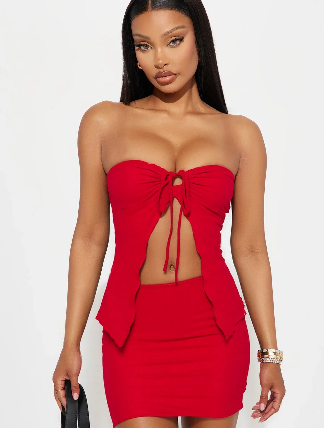Two Piece Solid Color Tube Top And Skirt Set