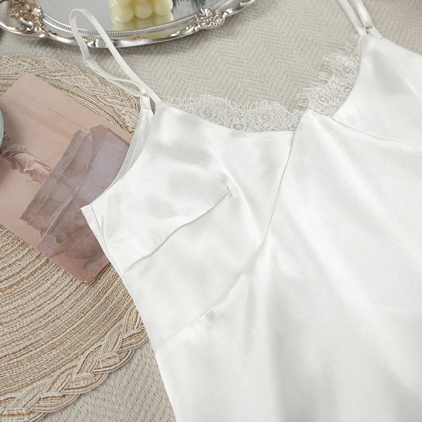 Sexy White Spaghetti Strap Short Lace Pullover Ruched Backless Nightgown