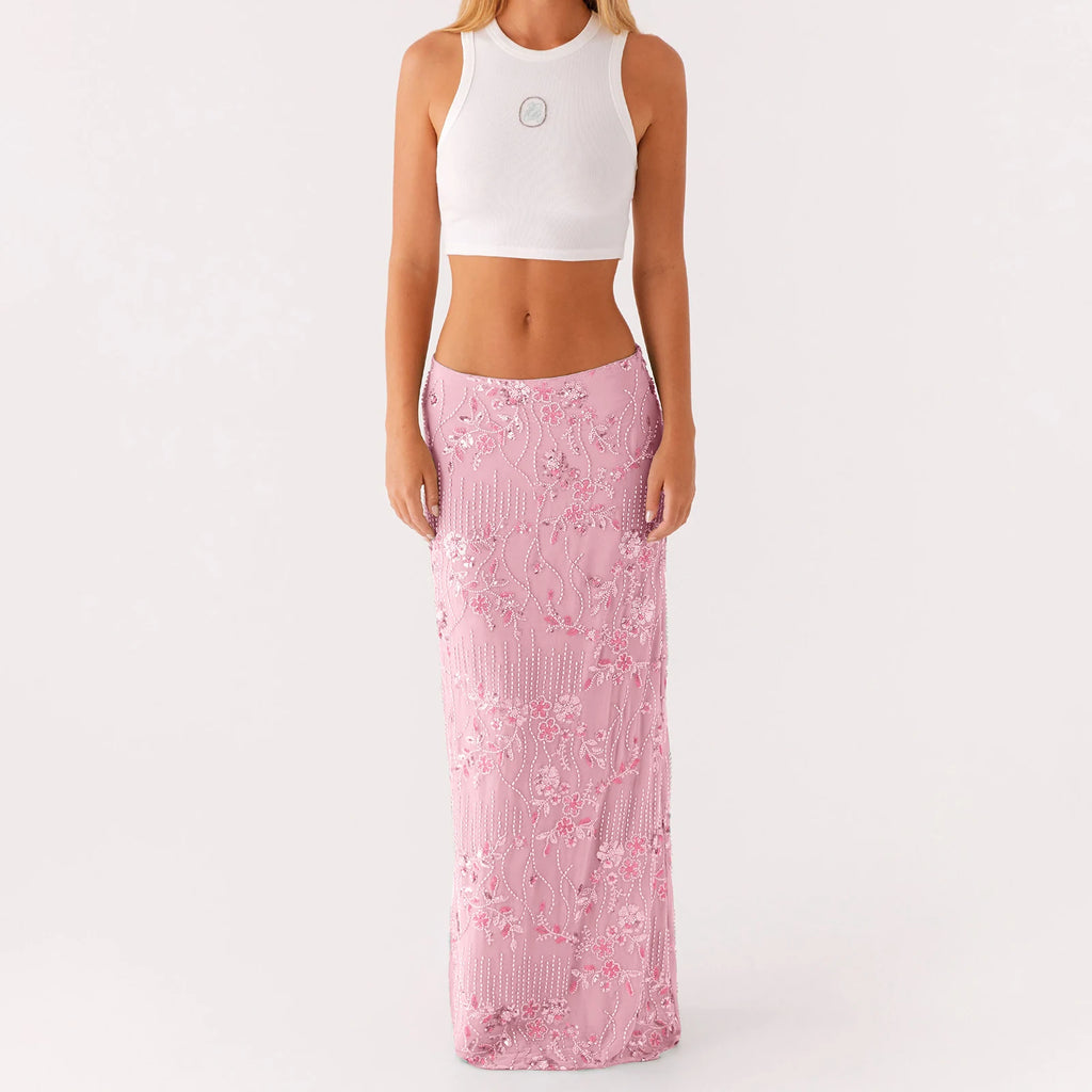 Elegant Beaded Sequin Maxi Skirt With Floral Embroidery
