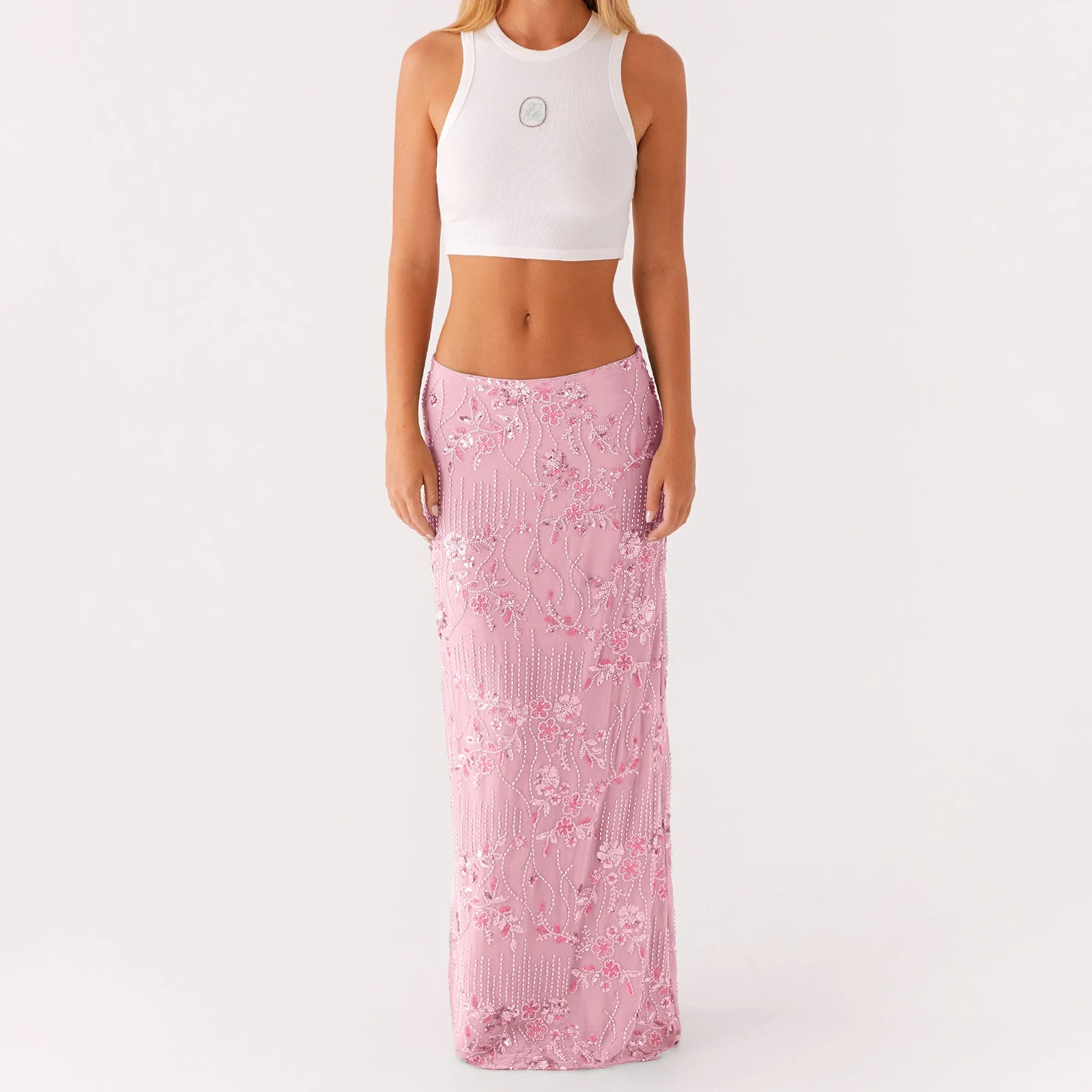 Elegant Beaded Sequin Maxi Skirt With Floral Embroidery
