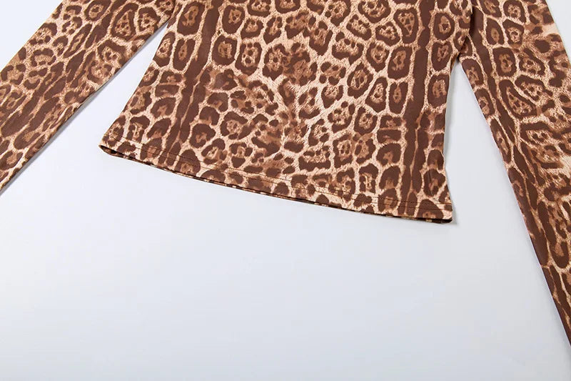 Leopard Print Mock Neck Tracksuit With Slim Capri Pants