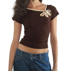 Nostalgic Streetwear Tee With Hollow Flower Cutout Slim Fit Half Sleeve For Women