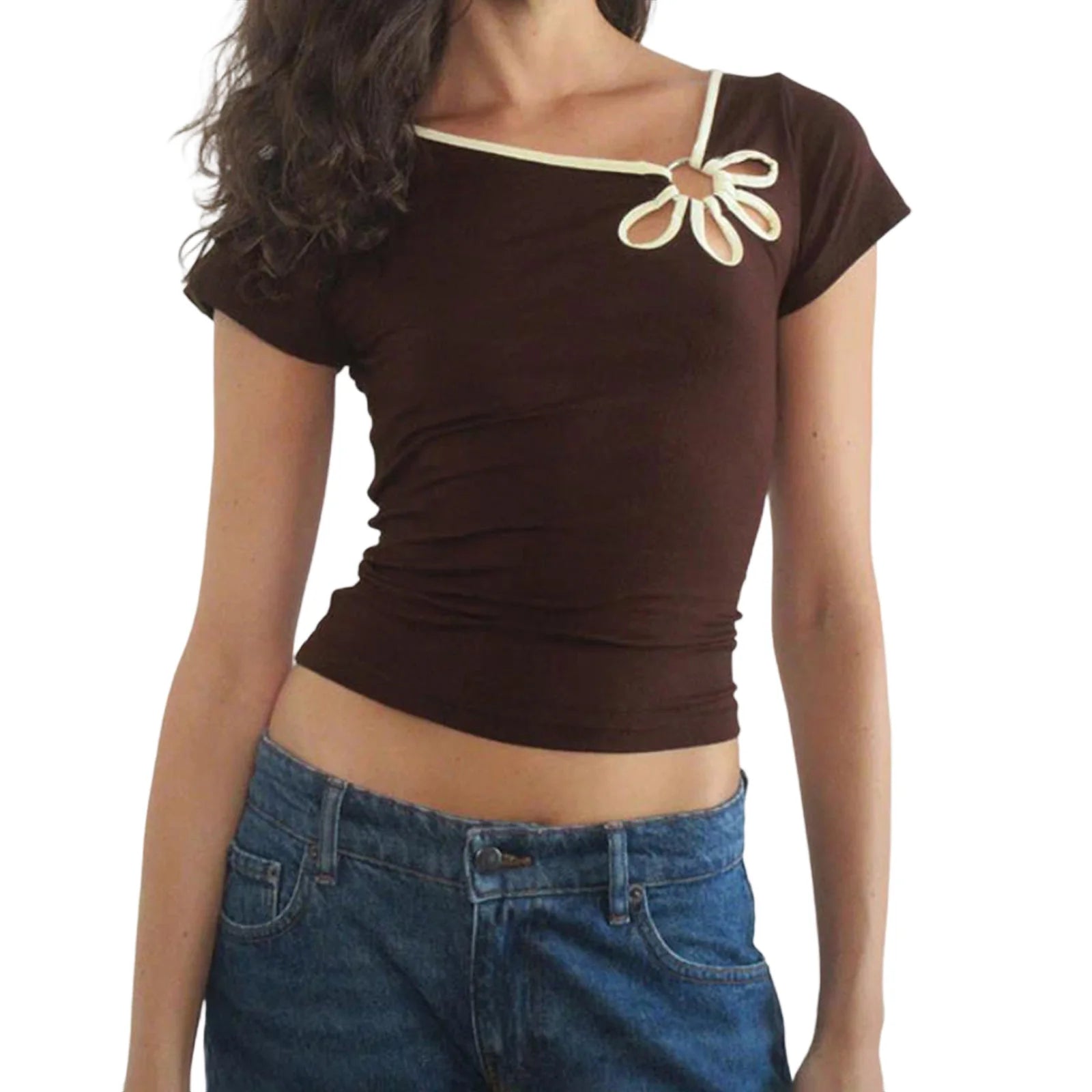 Nostalgic Streetwear Tee With Hollow Flower Cutout Slim Fit Half Sleeve For Women