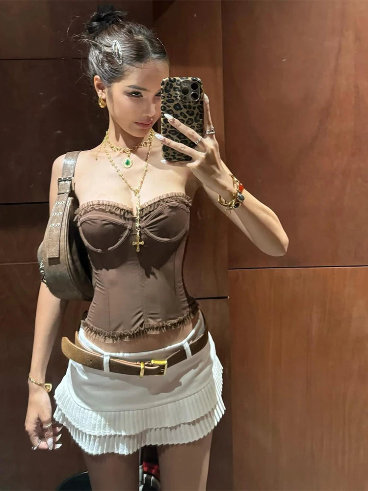 See Through Patchwork Strapless Top With Fishbone Detail Backless Fashion