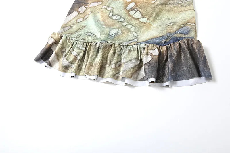Sunlit Beach Crystal Knit Patchwork Halter Set With Lace Up Backless Top And Ruffle Printed Skirt