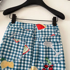 Retro Fruit Plaid Mini Skirt With Button Detail A Line