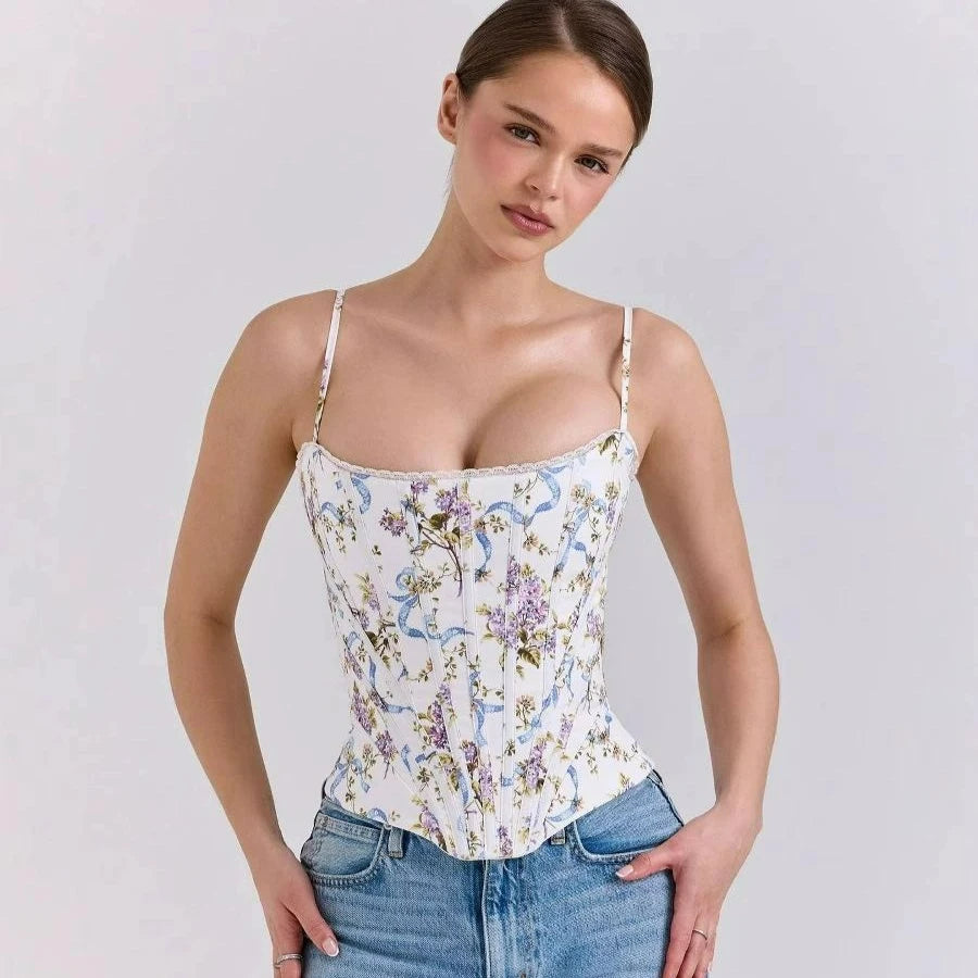 Romantic Floral Corset Top With Lace Trim And Adjustable Straps