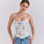 Romantic Floral Corset Top With Lace Trim And Adjustable Straps
