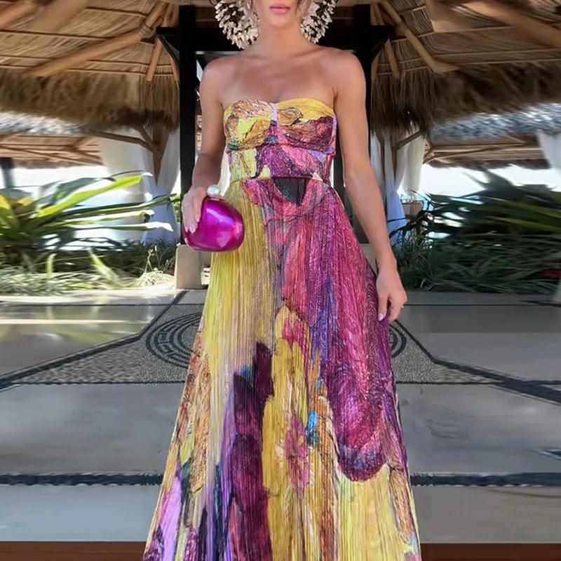 Off Shoulder Pleated Long Party Dress With Print