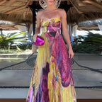 Off Shoulder Pleated Long Party Dress With Print
