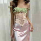 Color Block Off Shoulder Satin Maxi Dress With Lace Mesh Corset Bodice Elegant Evening Gown