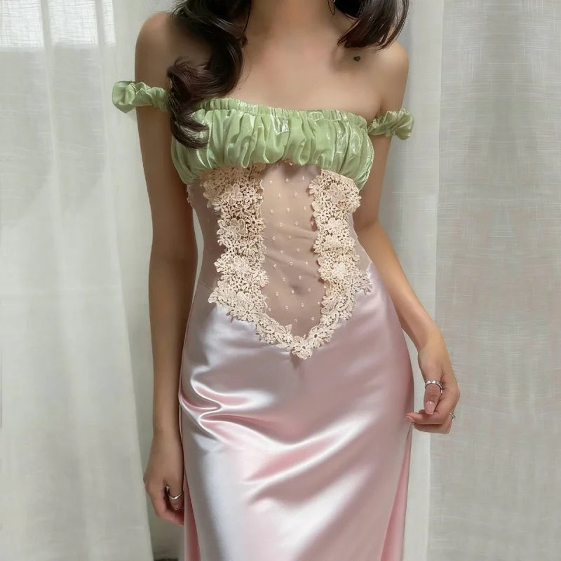 Color Block Off Shoulder Satin Maxi Dress With Lace Mesh Corset Bodice Elegant Evening Gown