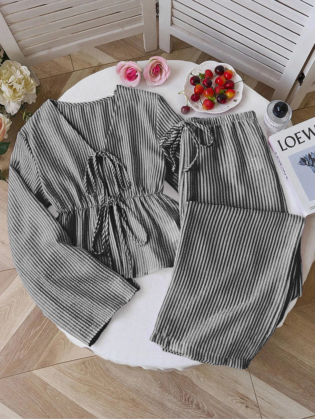 Striped Lace Up Two Piece Set V Neck Top And Elastic Waist Pants