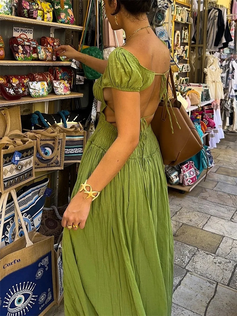 Vibrant Lace Up Back A Line Dress With Short Sleeves