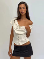 Waisted One-shoulder Irregular Cut Short-sleeved Top
