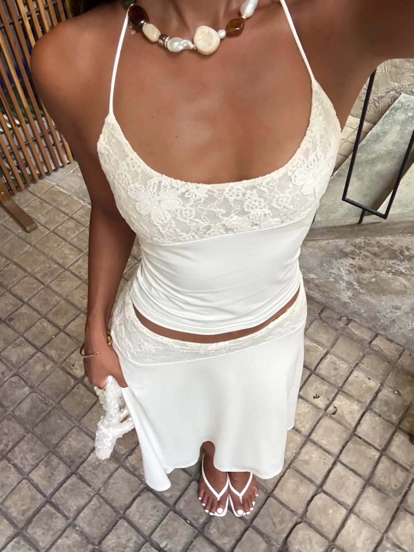 White Lace Patchwork Halter Set With Tank Top And A Line Skirt