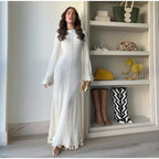 White Knitted Ruffle Maxi Dress With O-Neck And Flare Sleeves