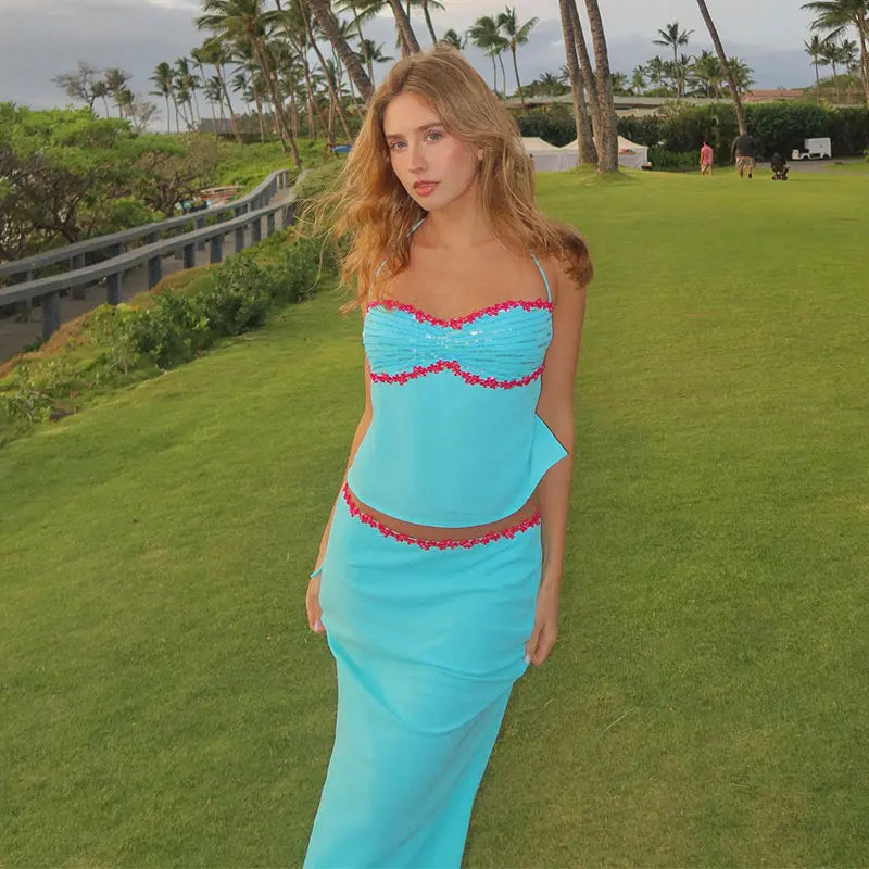Sequined Beach Two Piece Set Halter Top And Skirt