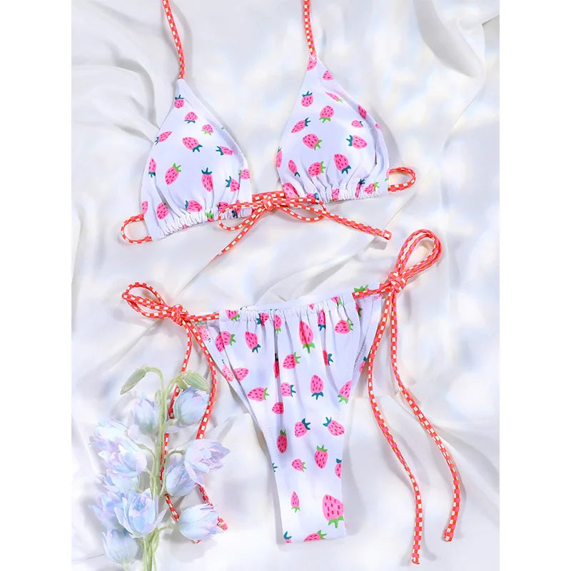 Floral Bow Pink Bikini Swimsuit For Women Low Waist Bandage Beachwear Chic Summer Bathing Suit