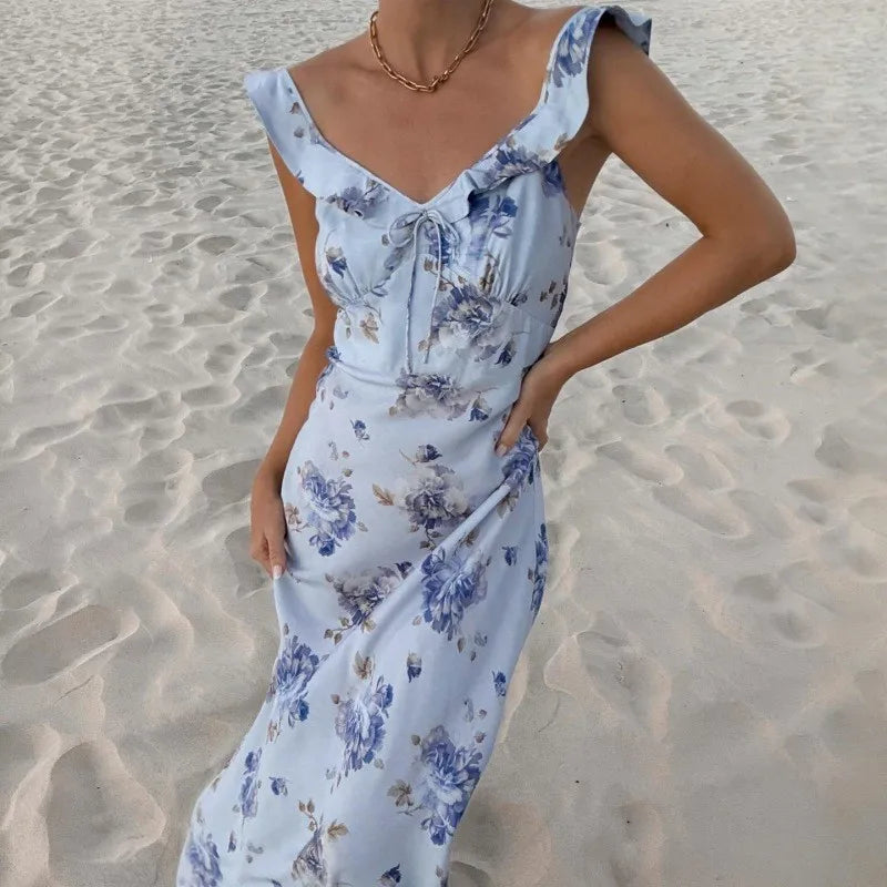 Floral Backless Spaghetti Strap Dress With Low Cut Silhouette