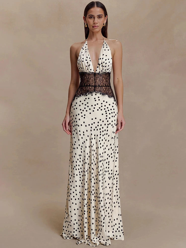 Polka Dot Backless Maxi Dress With Lace Patchwork Halter Neck Deep V Bodycon Evening Gown
