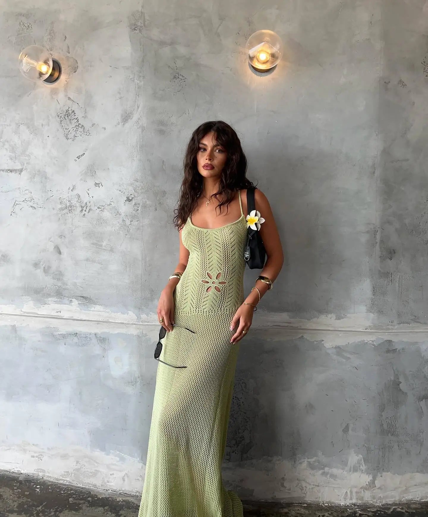 Floral Knit Strap Maxi Dress Backless Beach Cover Up For Summer Vacation And Resort Style