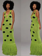 Midnight Sleeveless Knit Maxi Dress With Hollow Dot Tassel Hem
