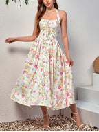 Floral Halter Midi Dress With Spaghetti Straps, Backless Corset Waist Tie Up Detail