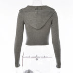 Ribbed Knit Two Piece Tracksuit Set With Hooded Crop Top And Elastic Zippered Pants