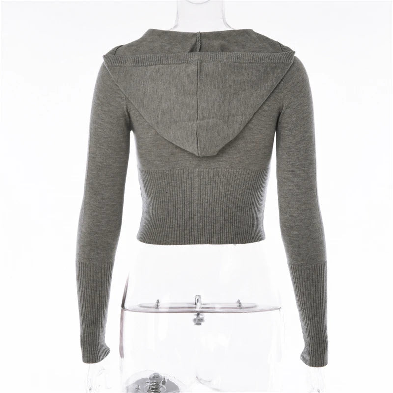 Ribbed Knit Two Piece Tracksuit Set With Hooded Crop Top And Elastic Zippered Pants