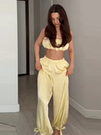 Women's Trousers 2 Pcs Suits Pleated Spaghetti Strap Cropped Tube Tops Elastic Waist Lace Up Pants