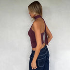 Elegant Halter Crop Top With Scarf Strap Ruched Slim Solid Design For Summer Streetwear
