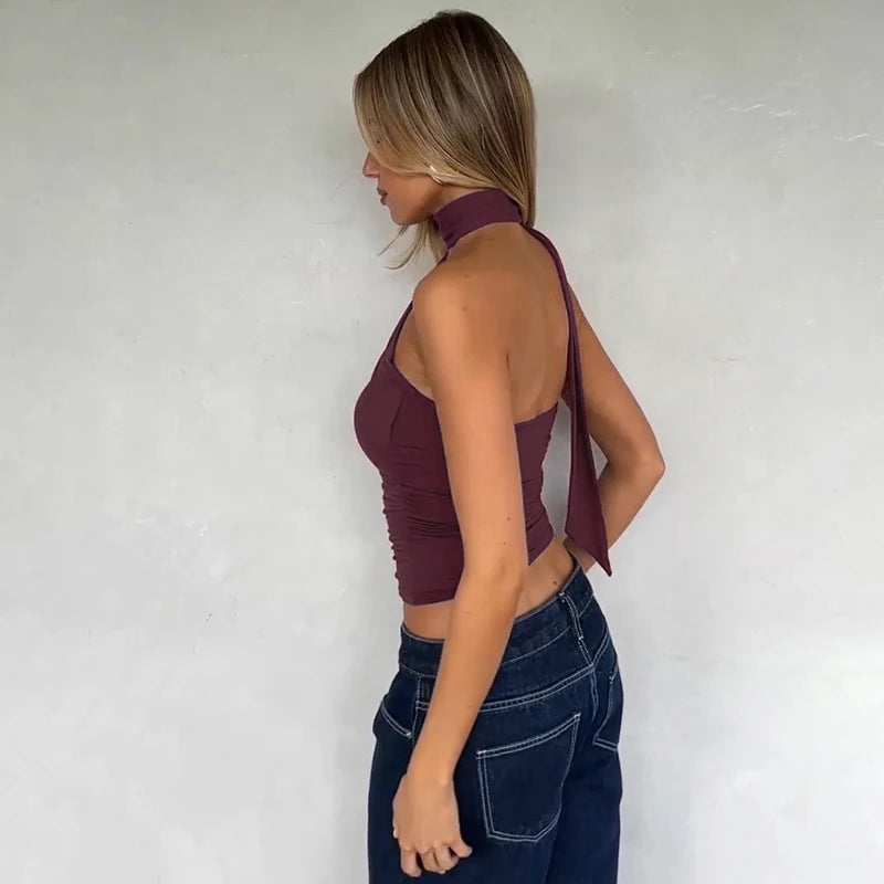 Elegant Halter Crop Top With Scarf Strap Ruched Slim Solid Design For Summer Streetwear