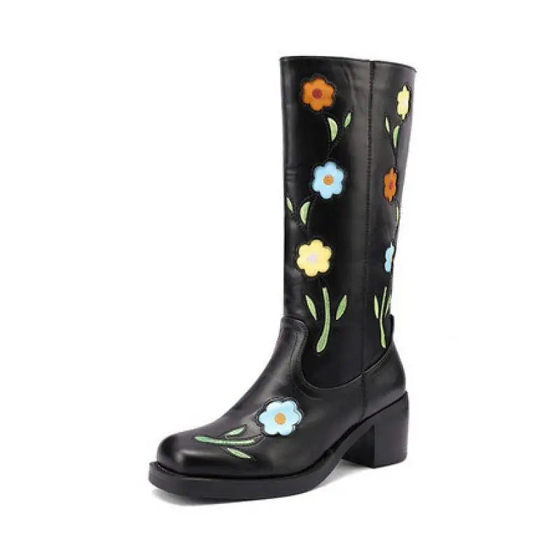 Floral Embroidered Block Heel Boots