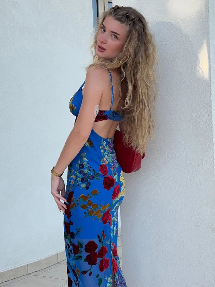 Retro Floral Lace Up Backless Maxi Dress